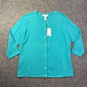 Lucy & Laurel Cardigan Womens Plus Sz 1X Teal Blue 3/4 Sleeve Crewneck Button Up